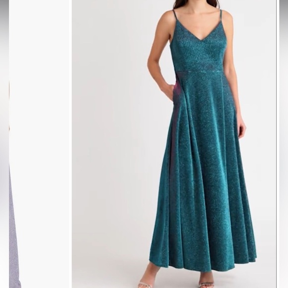 Morgan & Co. Dresses & Skirts - Morgan and Co Teal and Pink Evening Gown Cage Back Full Skirt Maxi Dress SZ 1XS